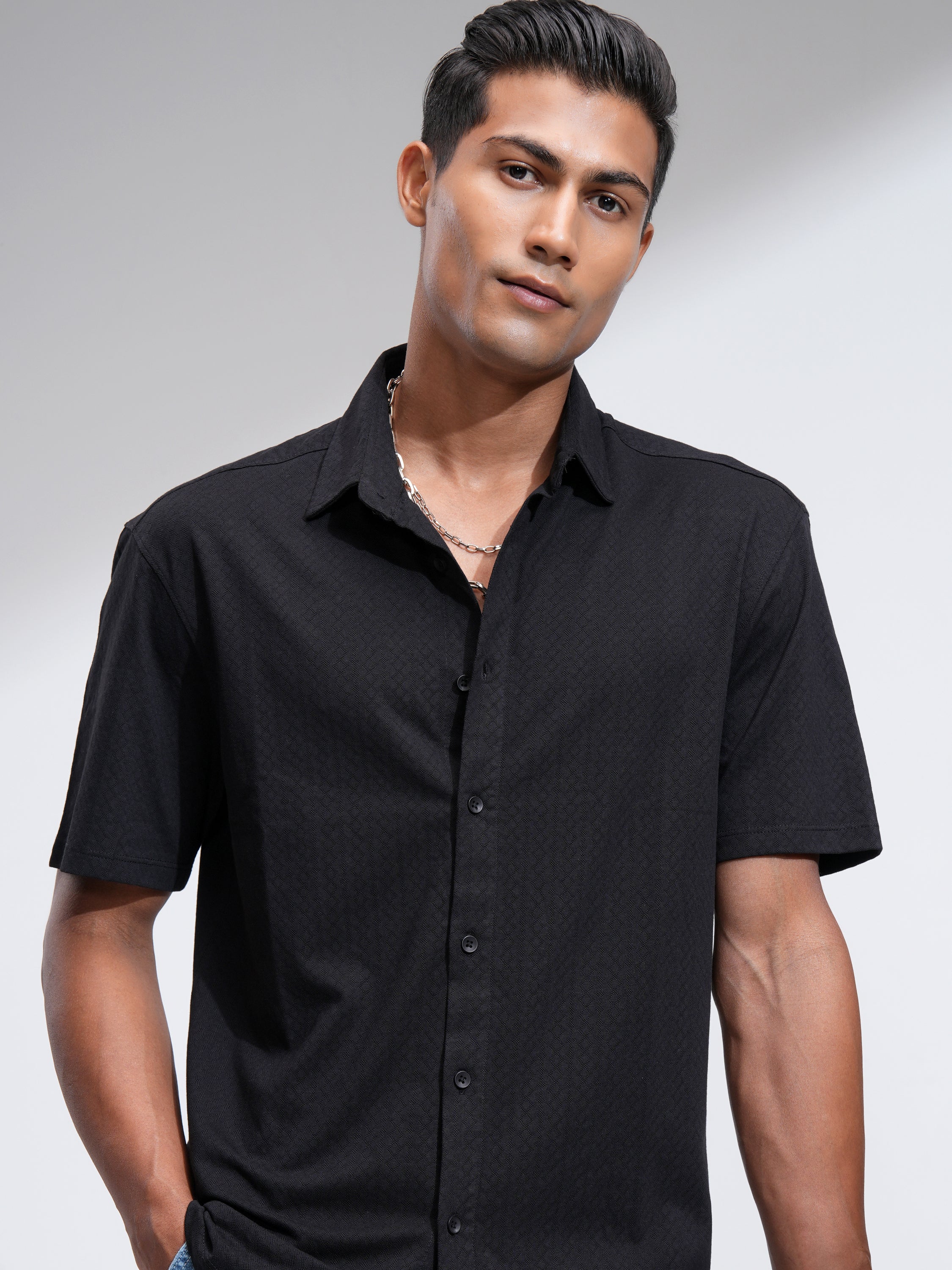 Locomotive Men Black Textured Relaxed Fit Casual Shirt - Black - Image 1