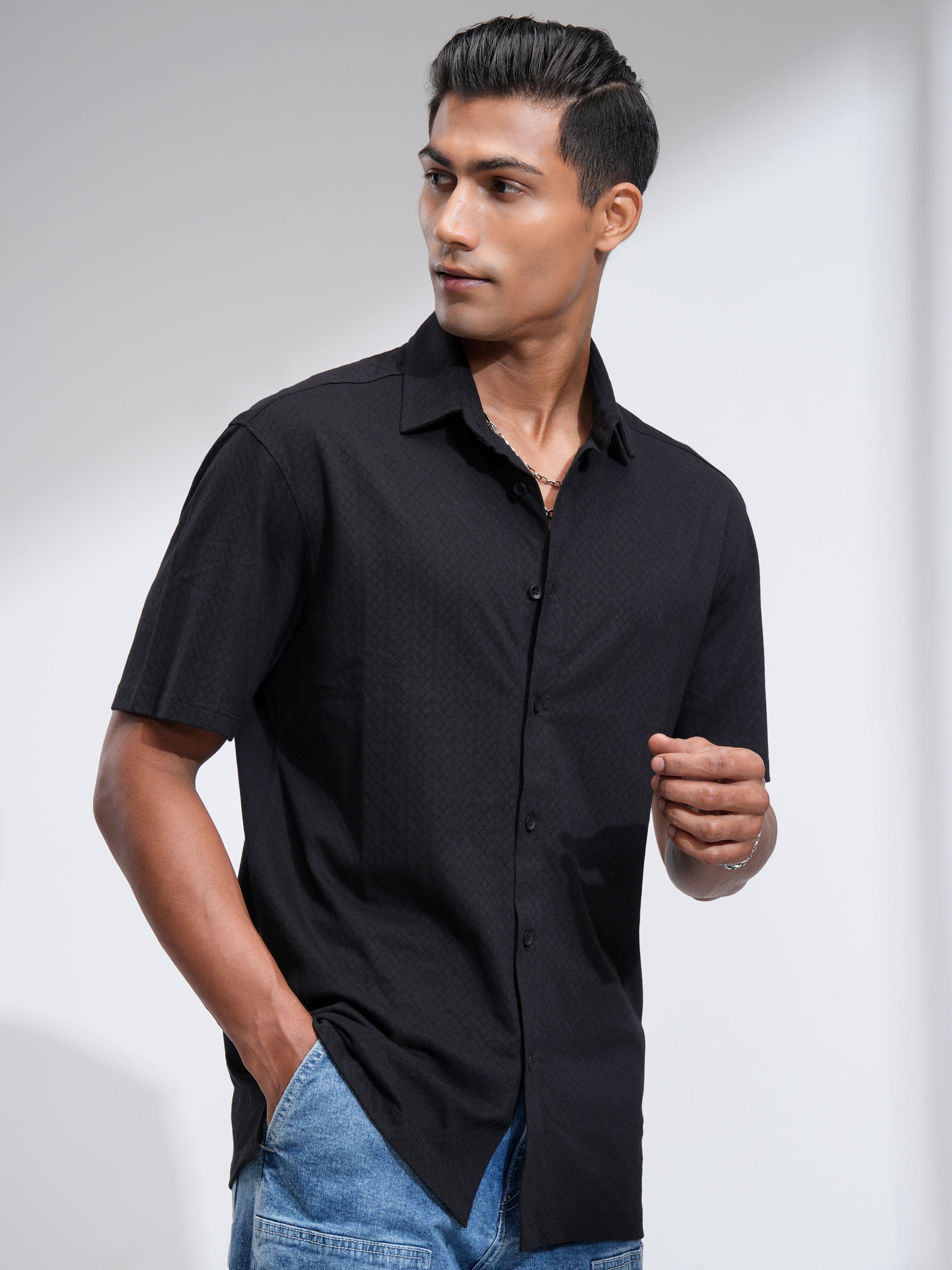 Locomotive Men Black Textured Relaxed Fit Casual Shirt - Black - Image 6