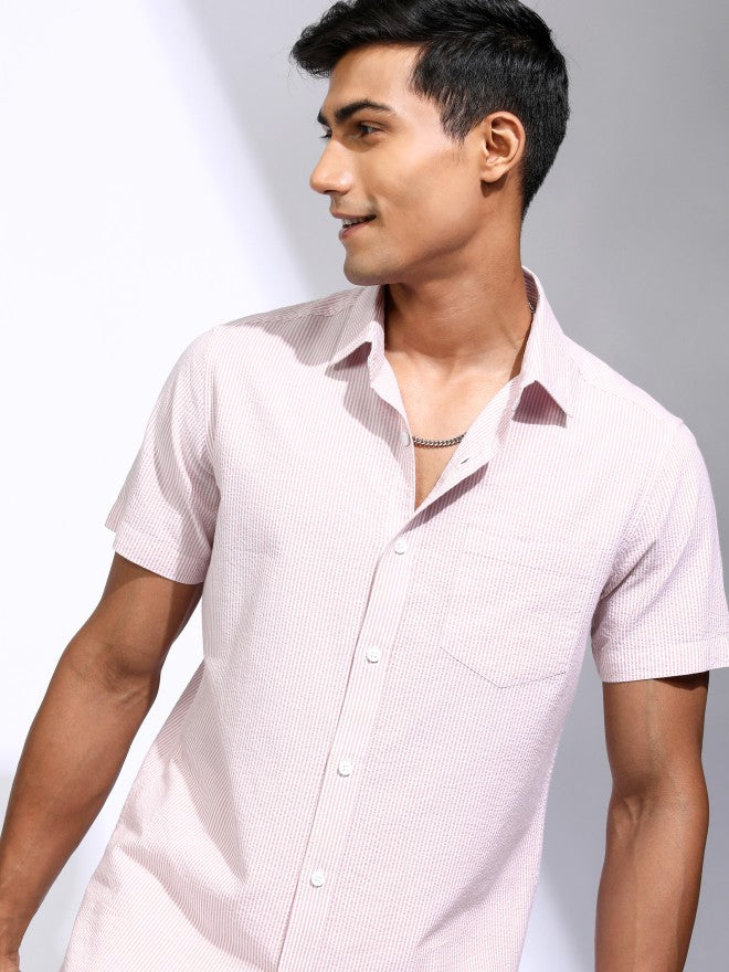 Locomotive Men Pink Striped Regular Fit Casual Shirt - Pink - Image 1