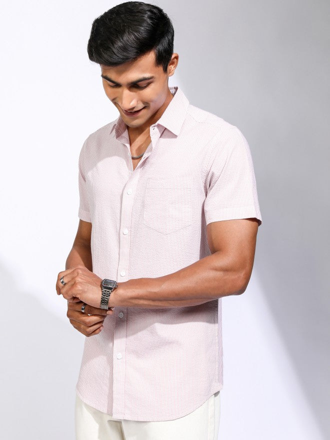 Locomotive Men Pink Striped Regular Fit Casual Shirt - Pink - Image 4