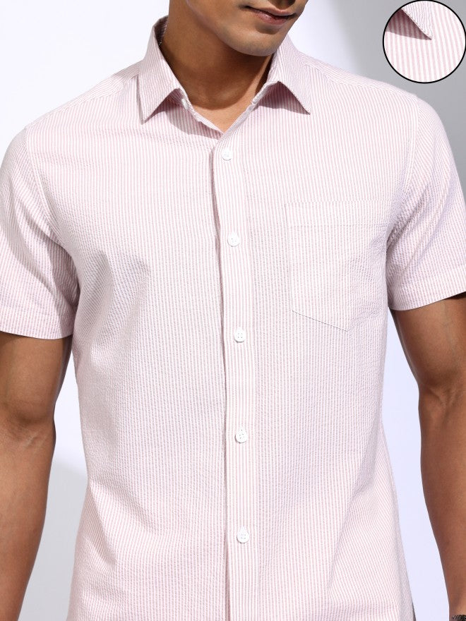 Locomotive Men Pink Striped Regular Fit Casual Shirt - Pink - Image 5