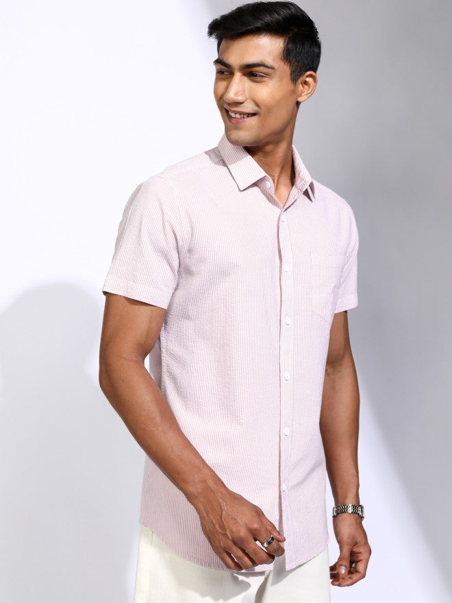 Locomotive Men Pink Striped Regular Fit Casual Shirt - Pink - Image 6