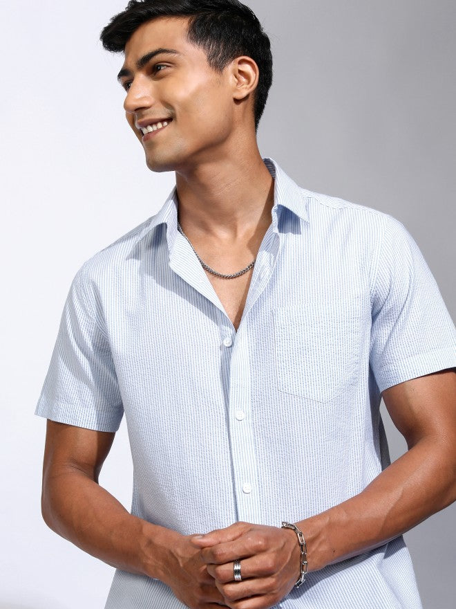 Locomotive Men Blue Striped Regular Fit Casual Shirt - Blue - Image 1