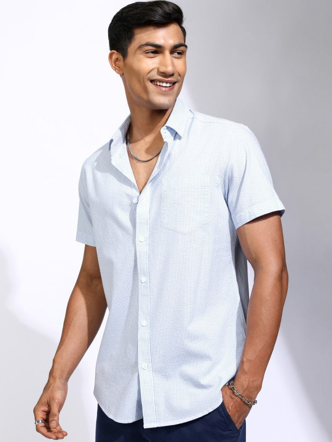Locomotive Men Blue Striped Regular Fit Casual Shirt - Blue - Image 4