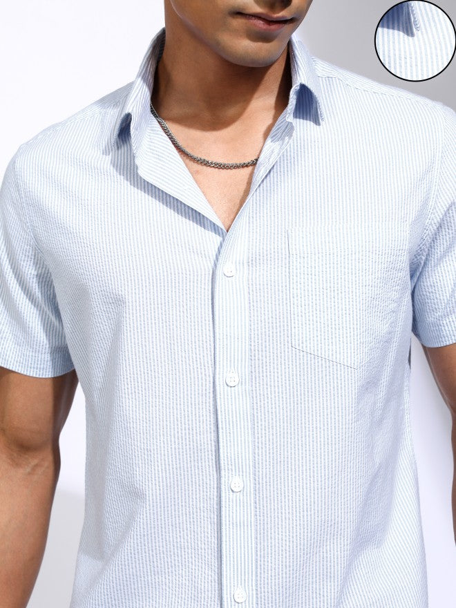 Locomotive Men Blue Striped Regular Fit Casual Shirt - Blue - Image 5