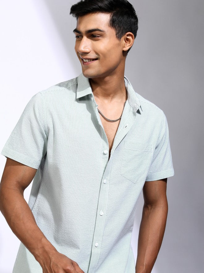 Locomotive Men Teal Striped Regular Fit Casual Shirt - Teal - Image 1