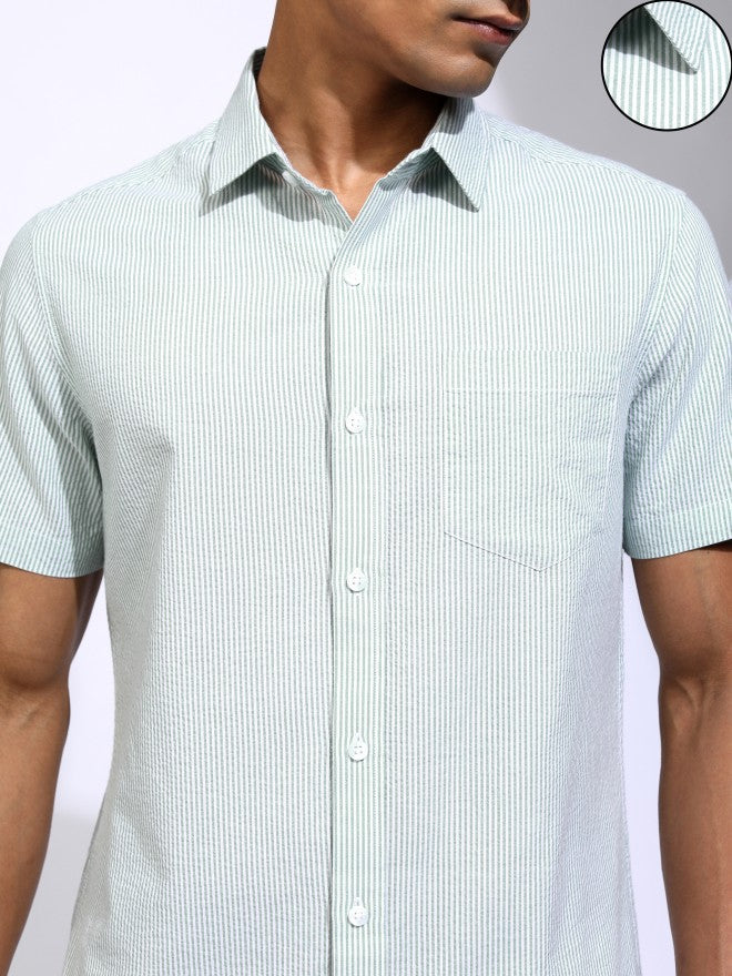 Locomotive Men Teal Striped Regular Fit Casual Shirt - Teal - Image 5