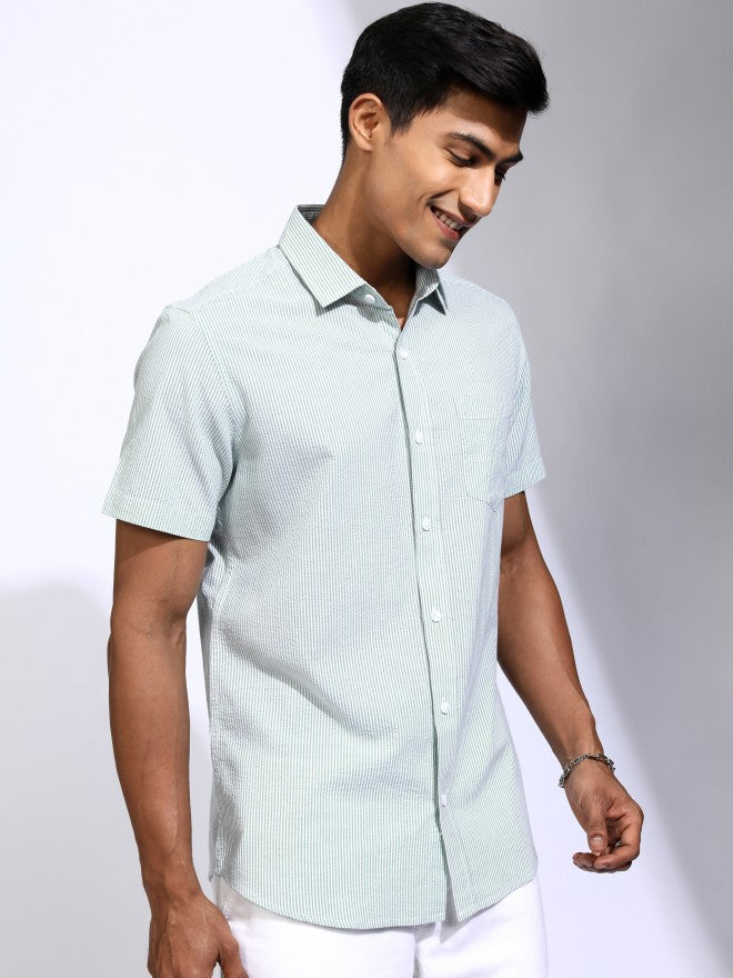 Locomotive Men Teal Striped Regular Fit Casual Shirt - Teal - Image 6