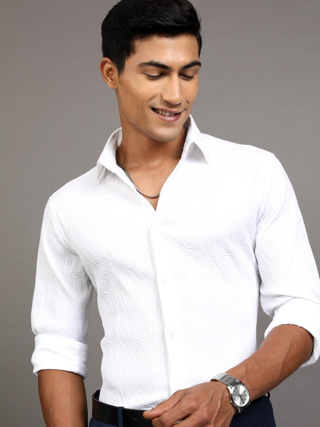 Locomotive Men White Textured Regular Fit Casual Shirt - White - Image 1