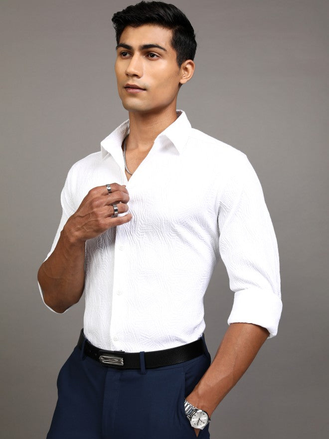 Locomotive Men White Textured Regular Fit Casual Shirt - White - Image 4