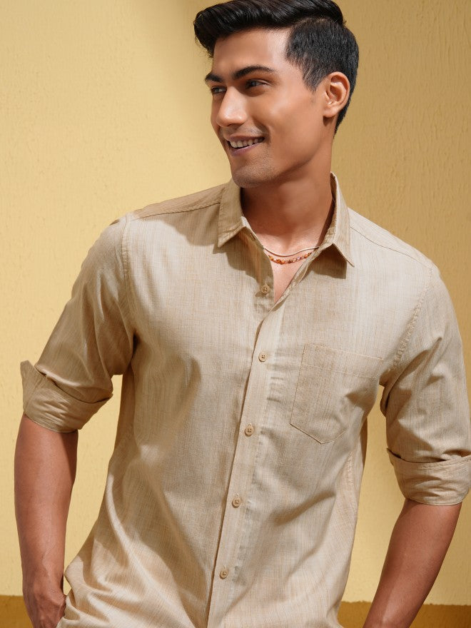 Locomotive Men Beige Self Design Regular Fit Casual Shirt - Beige - Image 1