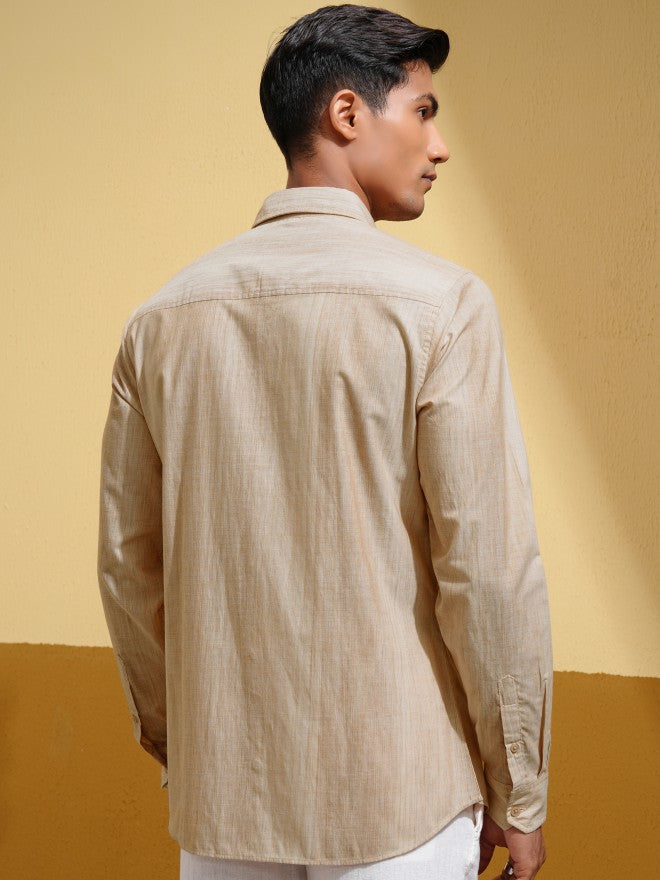 Locomotive Men Beige Self Design Regular Fit Casual Shirt - Beige - Image 3