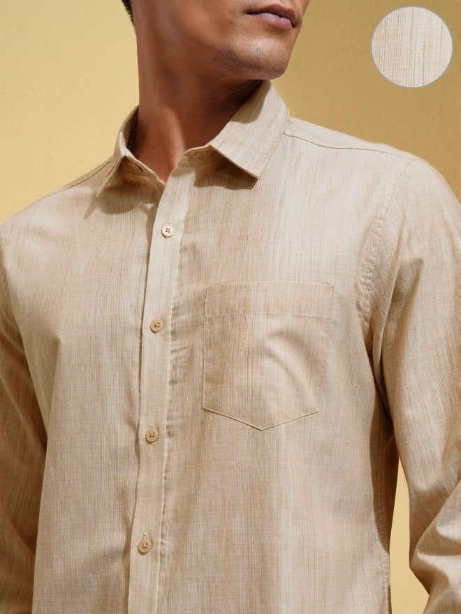 Locomotive Men Beige Self Design Regular Fit Casual Shirt - Beige - Image 5
