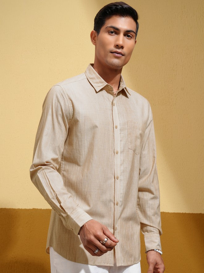 Locomotive Men Beige Self Design Regular Fit Casual Shirt - Beige - Image 6