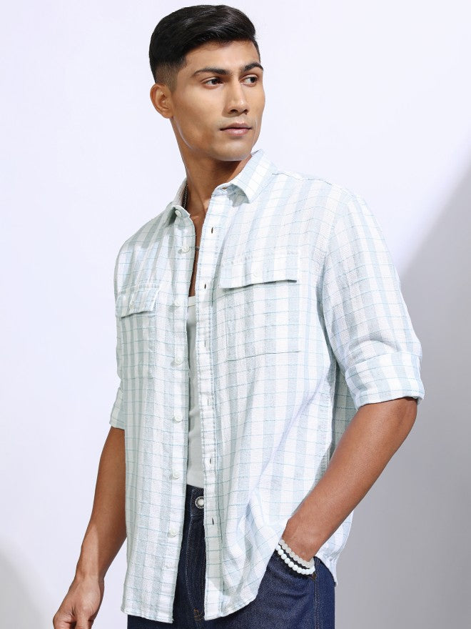 Locomotive Men White Checked Relaxed Fit Casual Shirt - White - Image 4