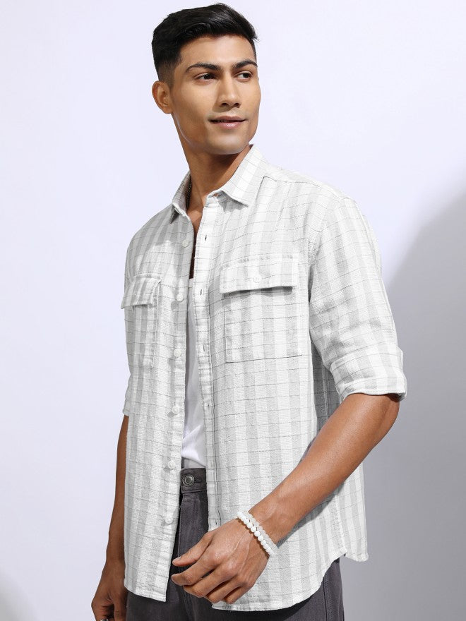 Locomotive Men White Checked Relaxed Fit Casual Shirt - White - Image 4