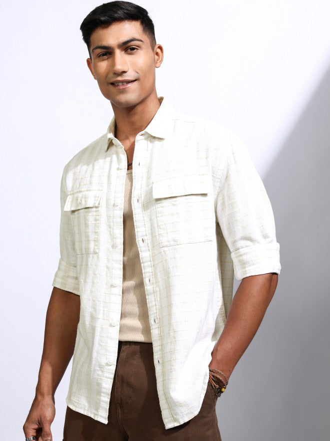 Locomotive Men White Checked Relaxed Fit Casual Shirt - White - Image 4