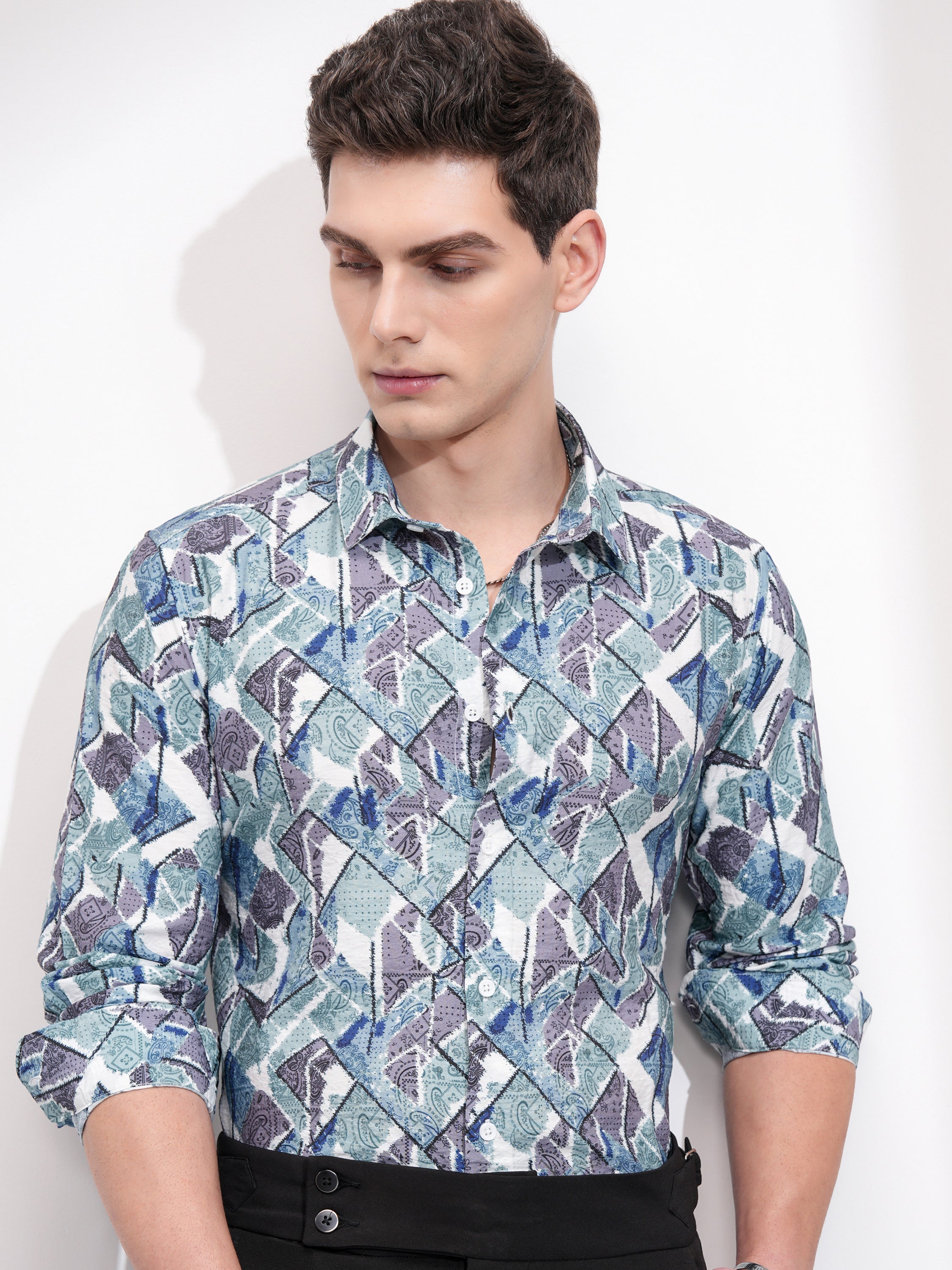 Locomotive Men Turquoise Printed Slim Fit Casual Shirt - Turquoise - Image 1