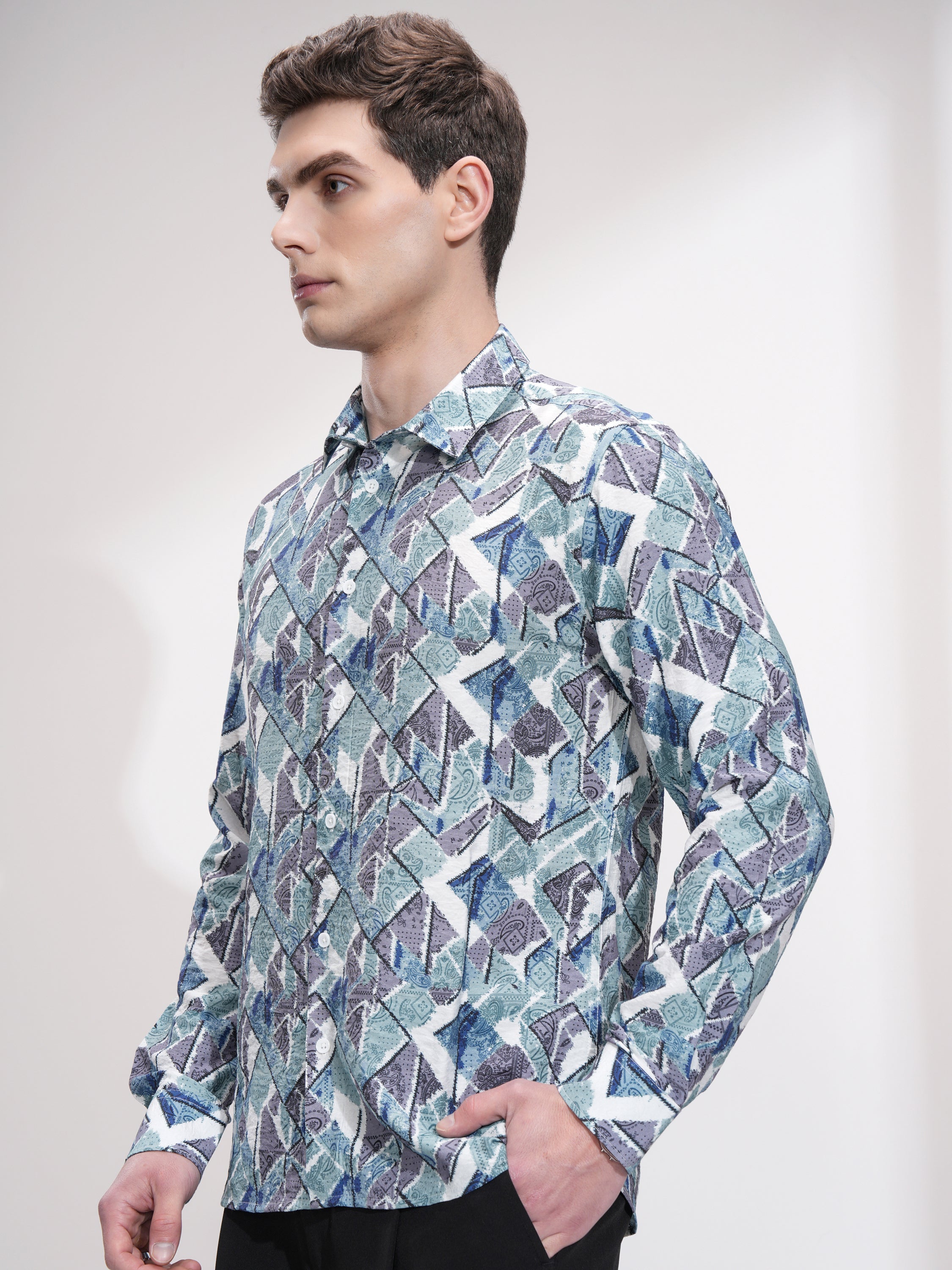 Locomotive Men Turquoise Printed Slim Fit Casual Shirt - Turquoise - Image 4