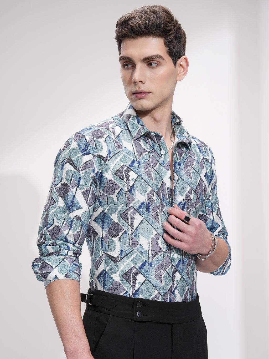Locomotive Men Turquoise Printed Slim Fit Casual Shirt - Turquoise - Image 6