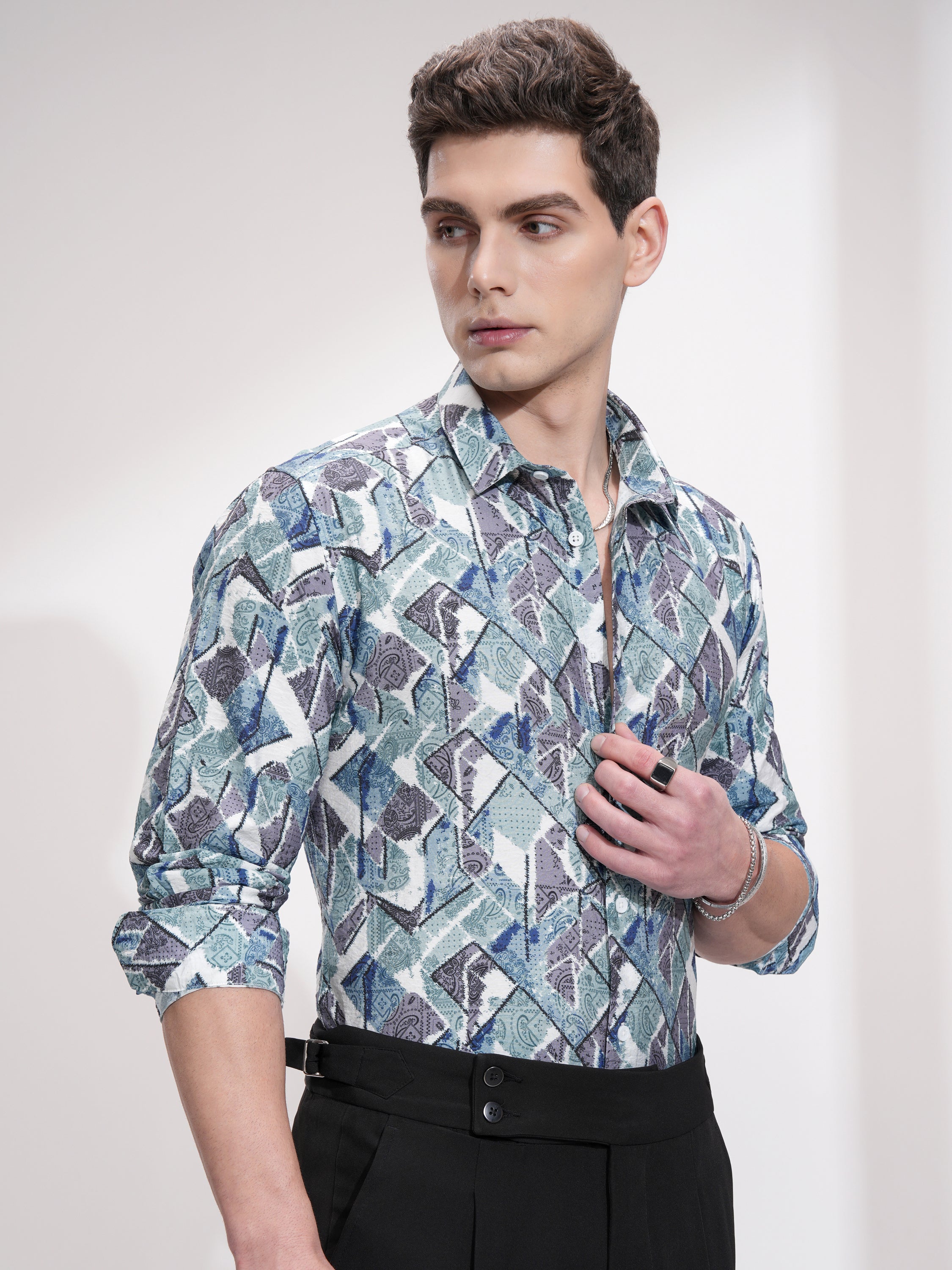 Locomotive Men Turquoise Printed Slim Fit Casual Shirt - Turquoise - Image 6