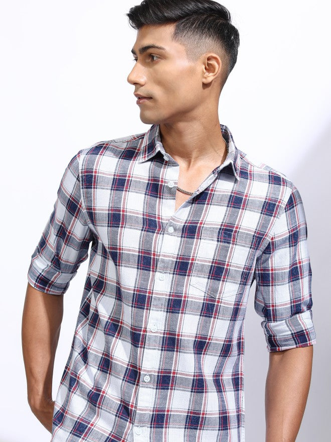Locomotive Men White Checked Regular Fit Casual Shirt - White - Image 1