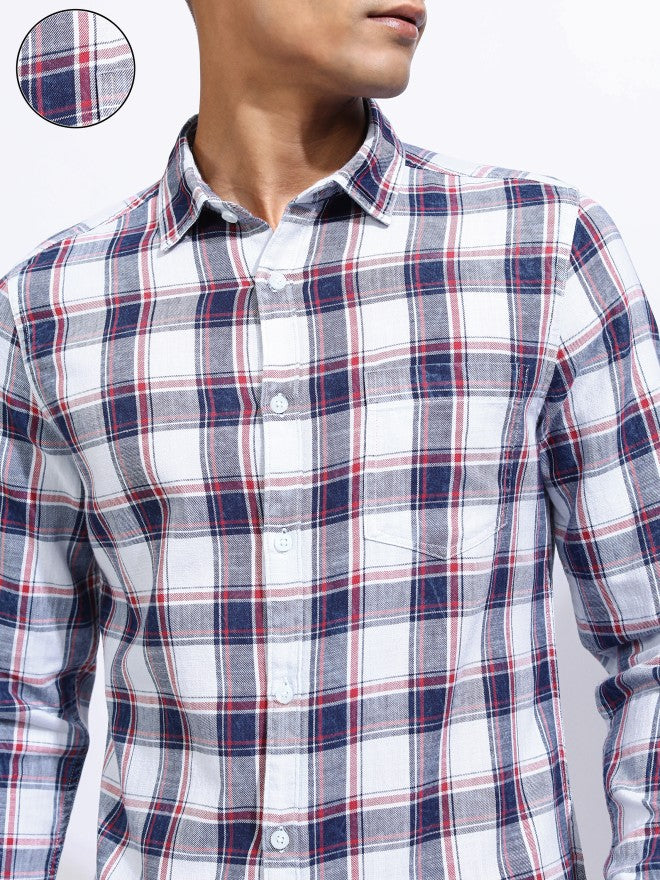 Locomotive Men White Checked Regular Fit Casual Shirt - White - Image 5