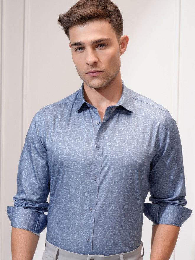 Locomotive Men Blue Printed Slim Fit Casual Shirt - Blue - Image 1