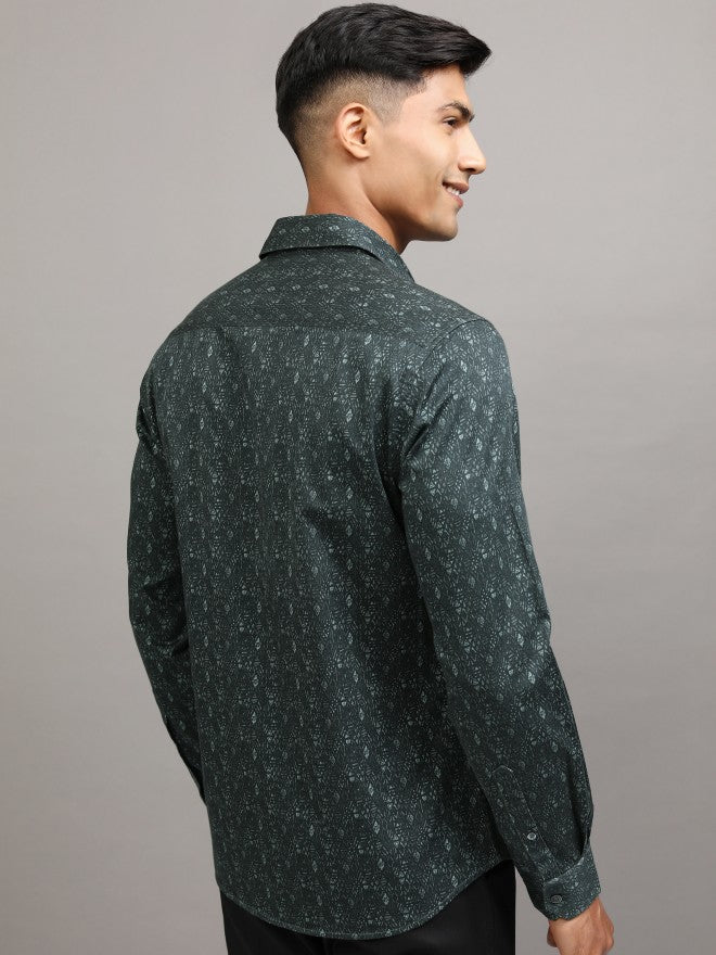 Locomotive Men Green Printed Slim Fit Casual Shirt - Green - Image 2
