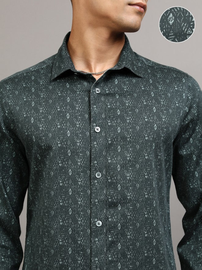 Locomotive Men Green Printed Slim Fit Casual Shirt - Green - Image 4