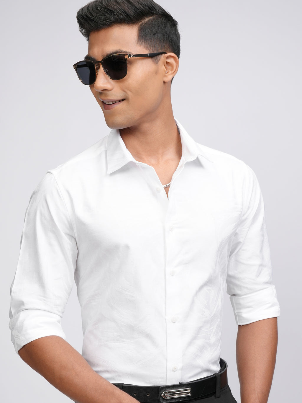 Locomotive Men White Self Design Slim Fit Casual Shirt - White - Image 1