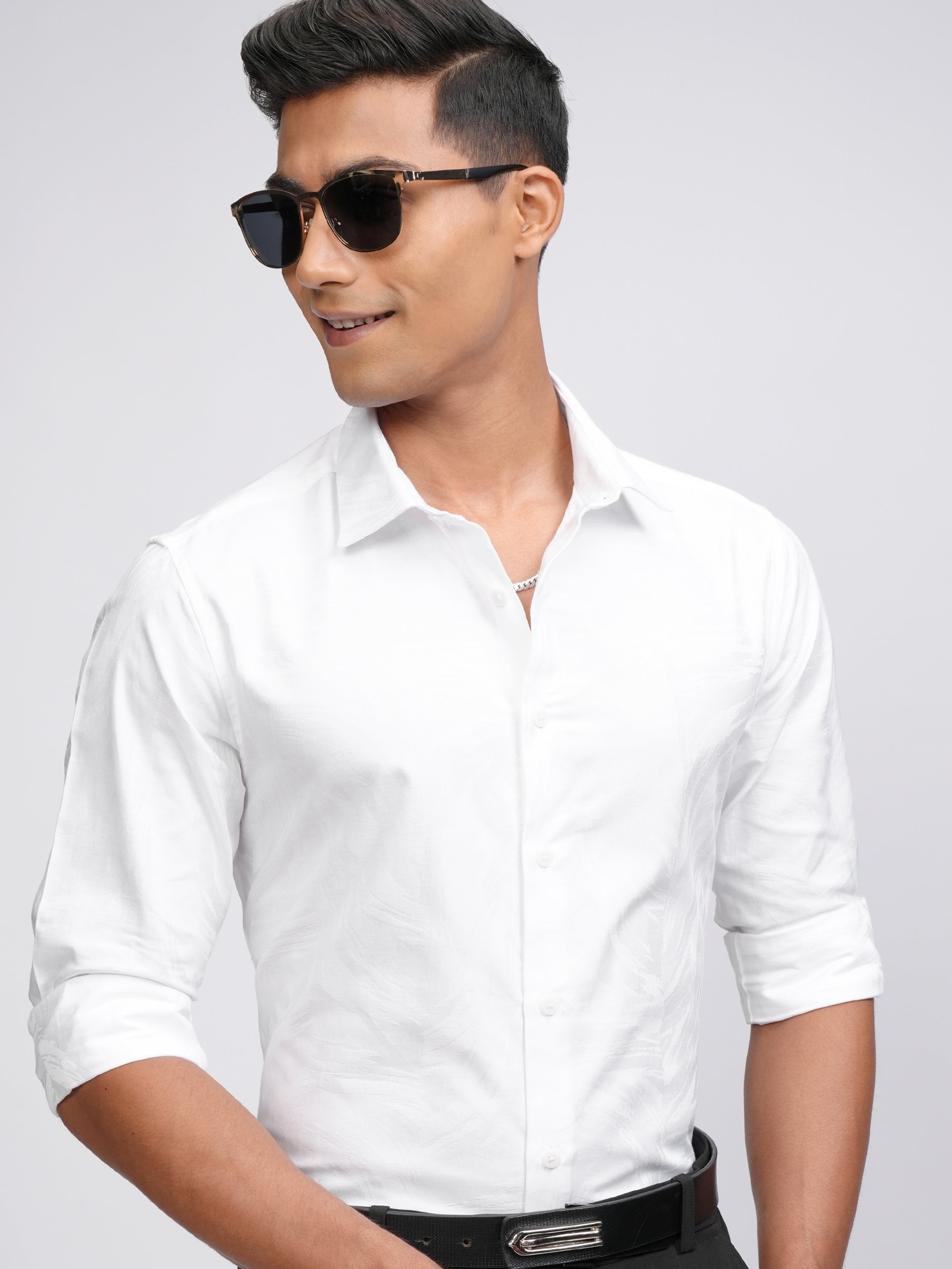 Locomotive Men White Self Design Slim Fit Casual Shirt - White - Image 1