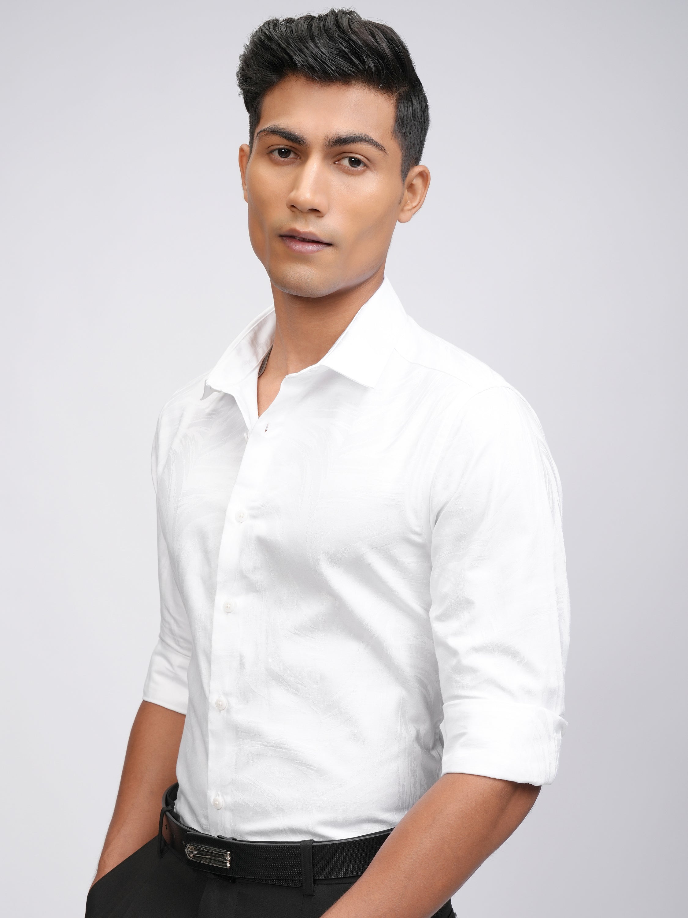 Locomotive Men White Self Design Slim Fit Casual Shirt - White - Image 4