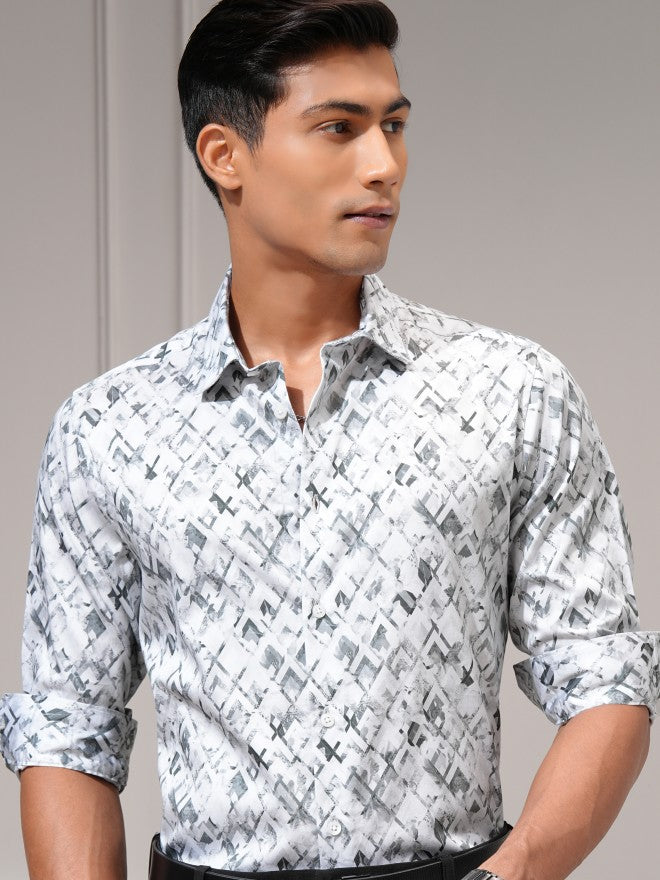 Locomotive Men Grey Printed Slim Fit Casual Shirt - Grey - Image 1