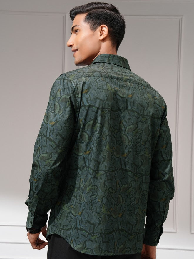Locomotive Men Green Printed Slim Fit Casual Shirt - Green - Image 3