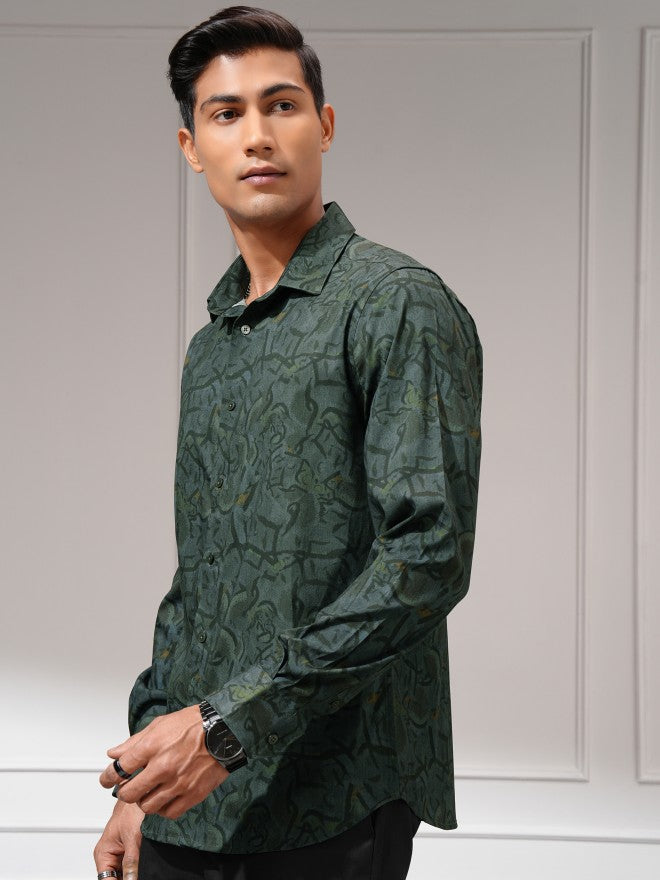 Locomotive Men Green Printed Slim Fit Casual Shirt - Green - Image 4
