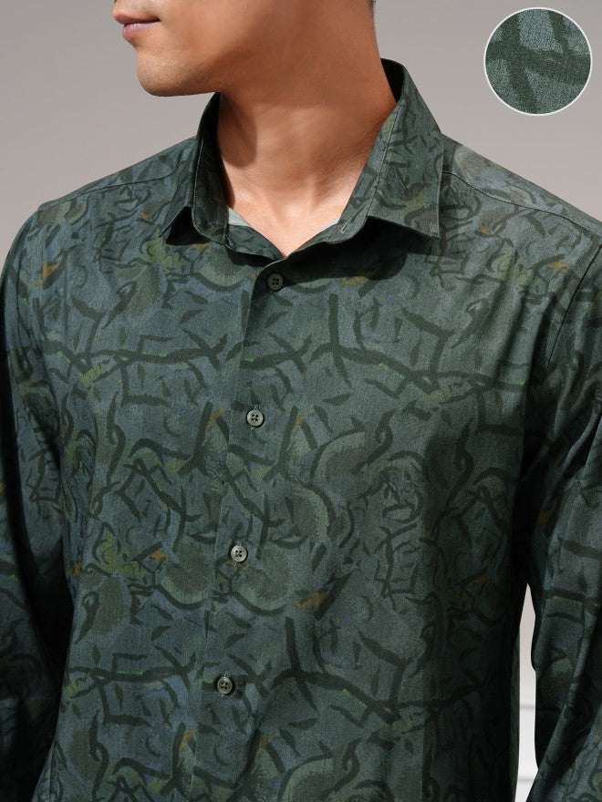 Locomotive Men Green Printed Slim Fit Casual Shirt - Green - Image 5