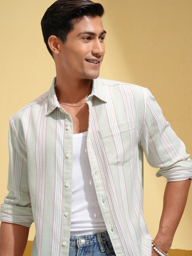 Locomotive Men Beige Striped Relaxed Fit Casual Shirt - Beige - Image 1