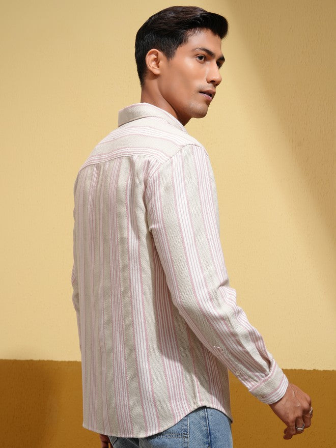 Locomotive Men Beige Striped Relaxed Fit Casual Shirt - Beige - Image 3