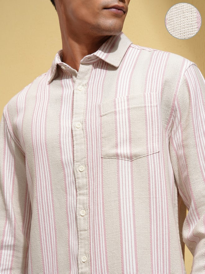 Locomotive Men Beige Striped Relaxed Fit Casual Shirt - Beige - Image 5