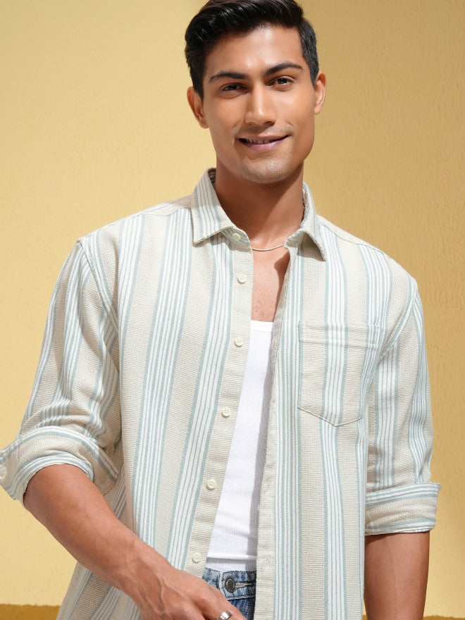 Locomotive Men Beige Striped Relaxed Fit Casual Shirt - Beige - Image 1