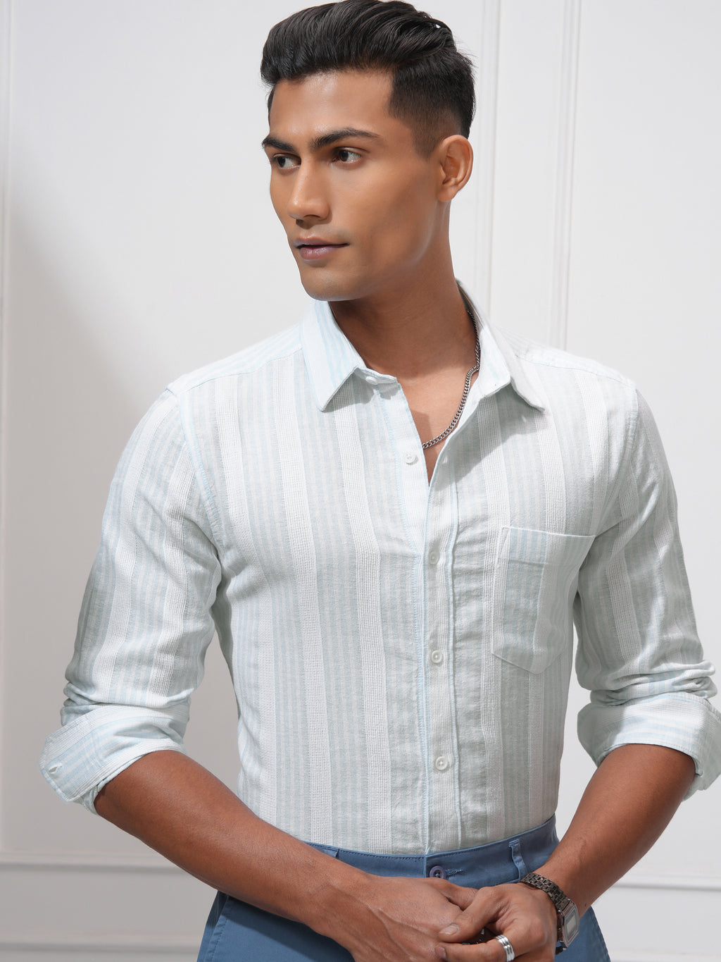 Locomotive Men Blue Striped Regular Fit Casual Shirt - Blue - Image 1