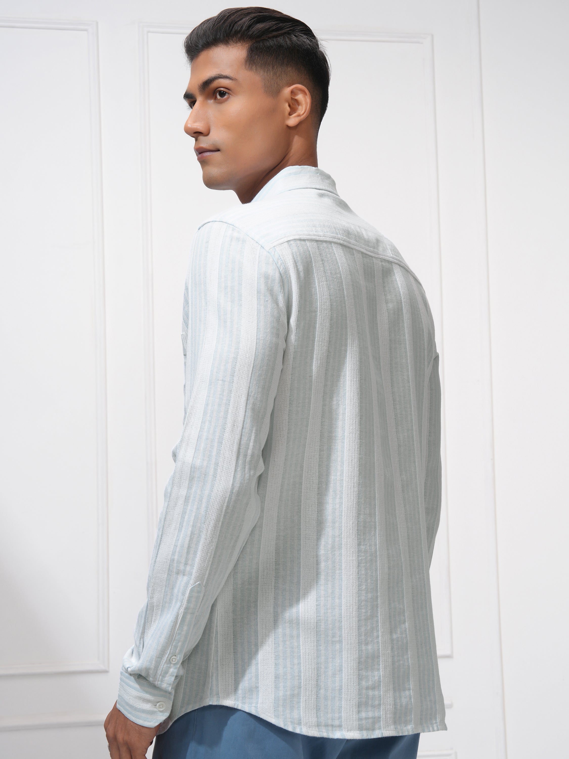 Locomotive Men Blue Striped Regular Fit Casual Shirt - Blue - Image 3