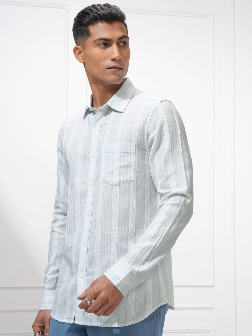 Locomotive Men Blue Striped Regular Fit Casual Shirt - Blue - Image 4