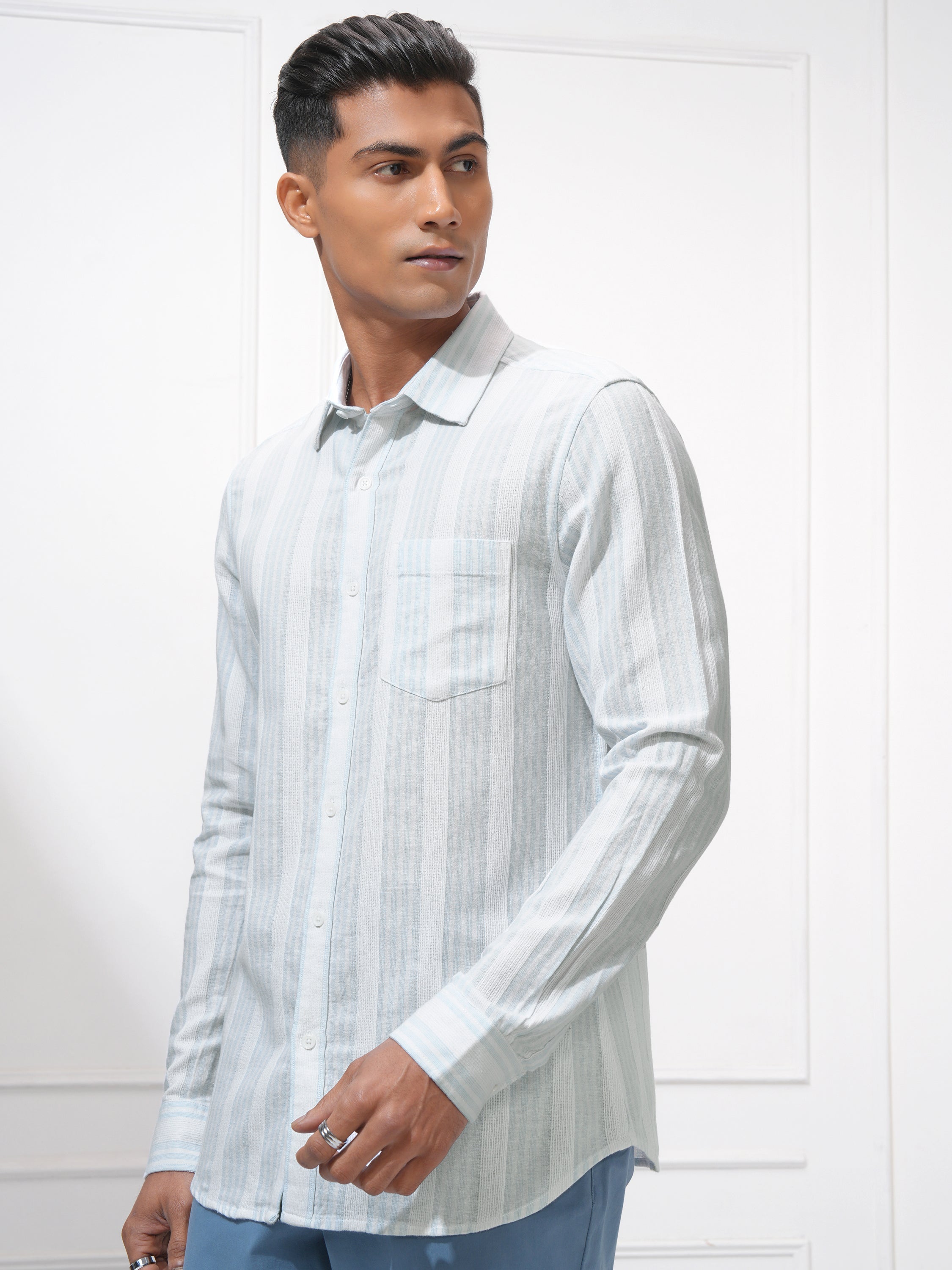 Locomotive Men Blue Striped Regular Fit Casual Shirt - Blue - Image 4