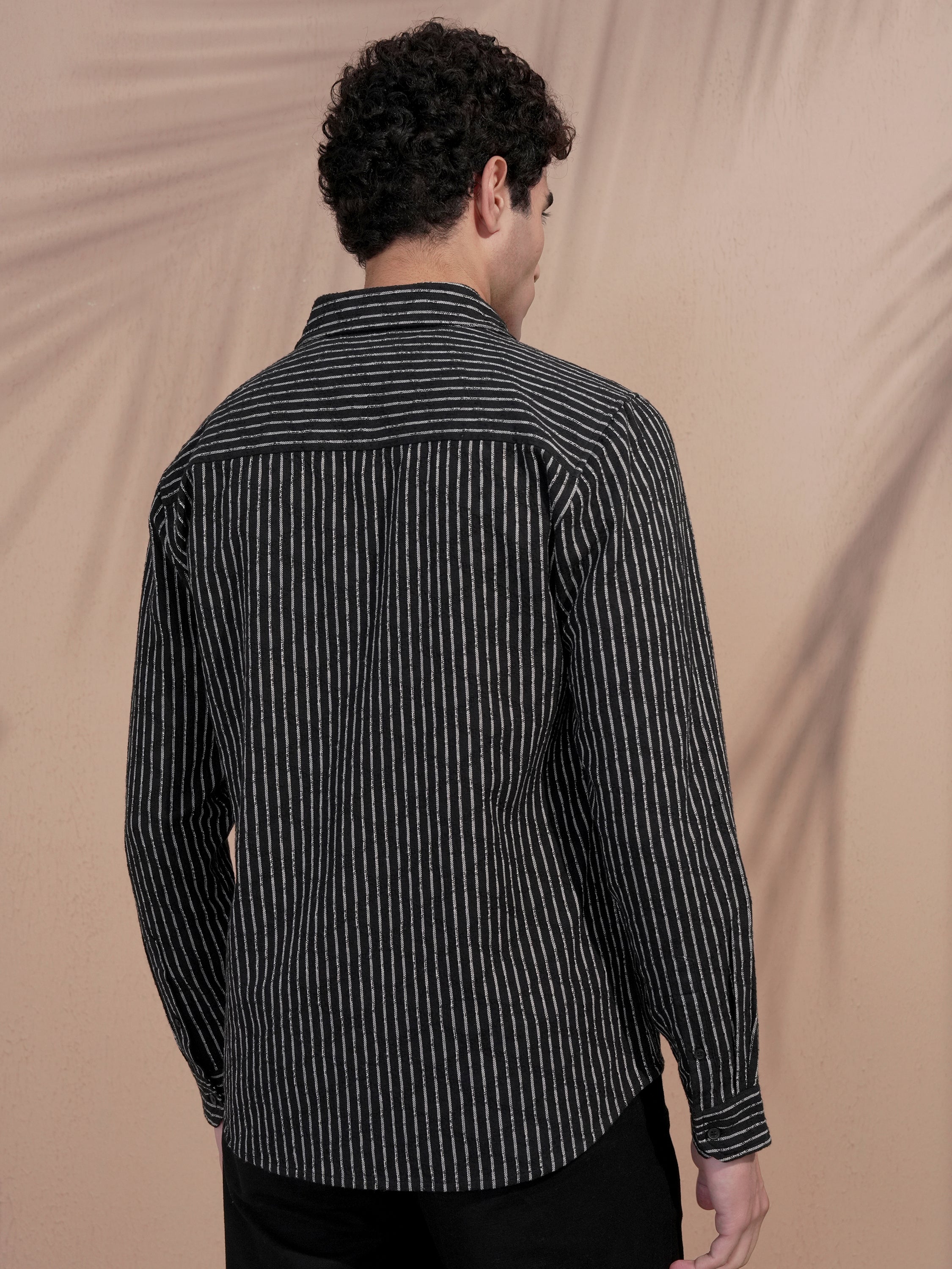 Locomotive Men Black Striped Slim Fit Casual Shirt - Black - Image 3