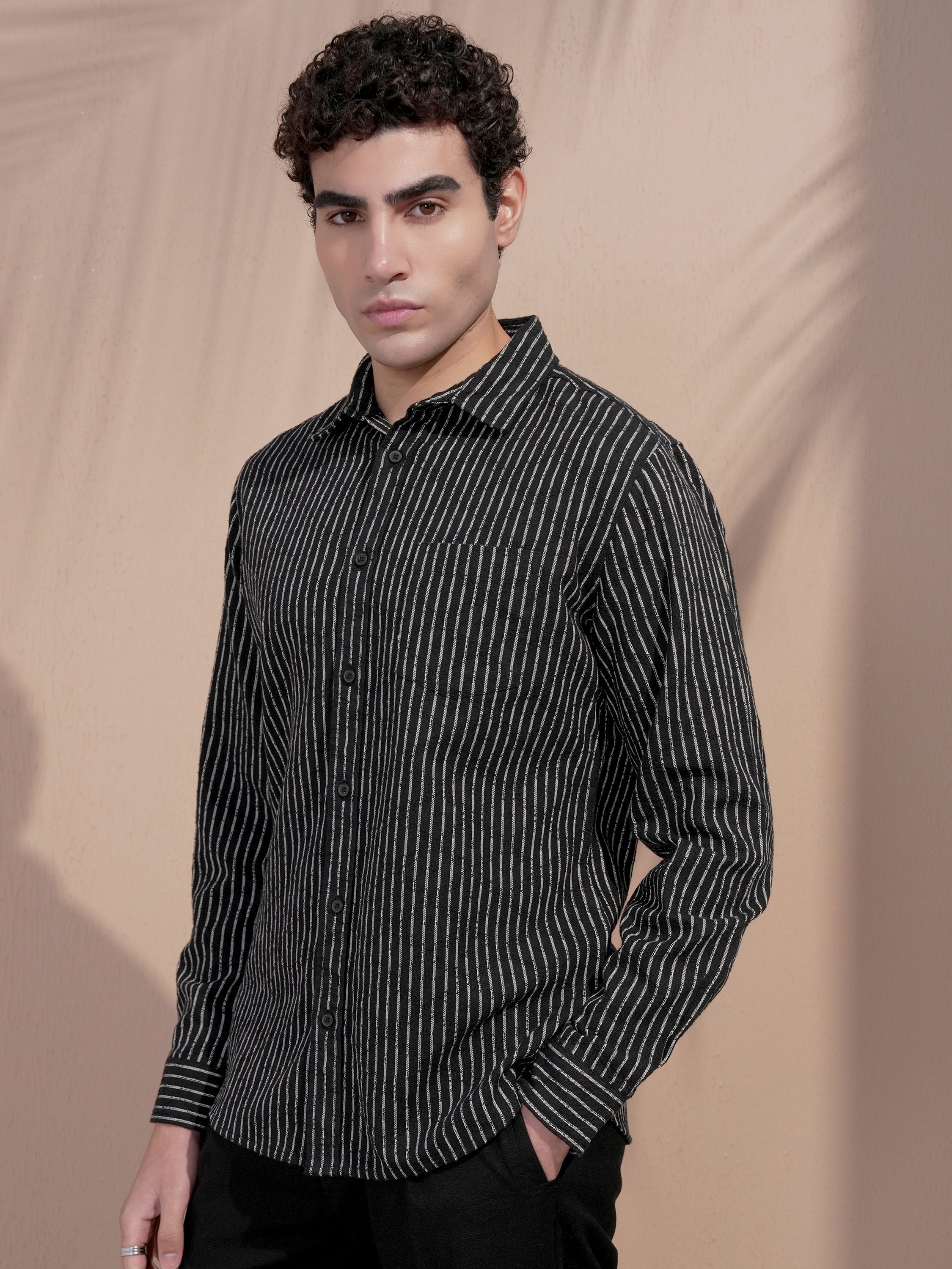 Locomotive Men Black Striped Slim Fit Casual Shirt - Black - Image 4