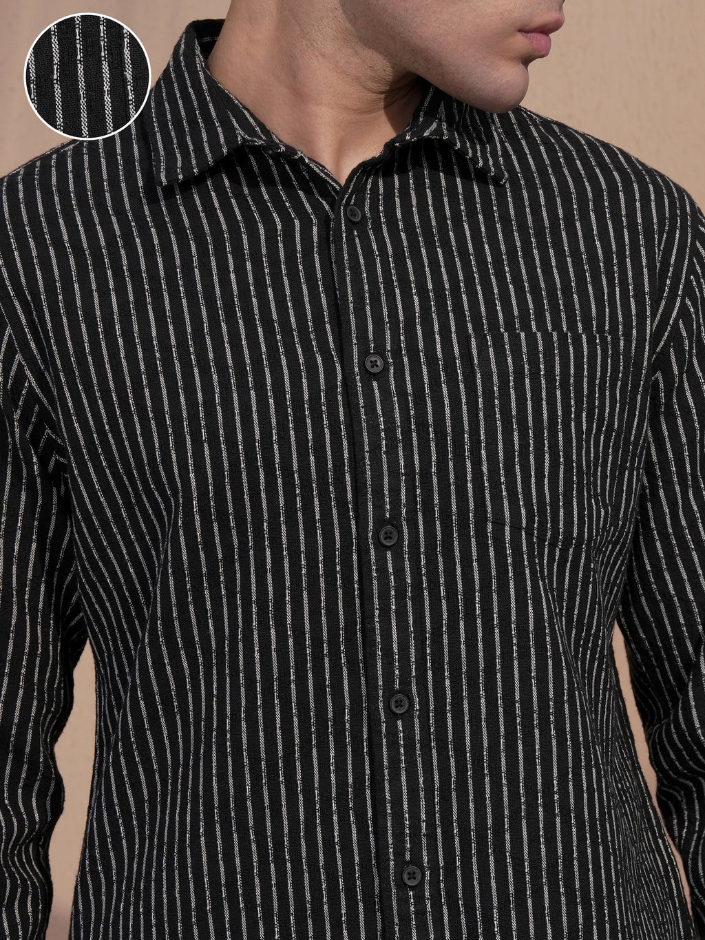 Locomotive Men Black Striped Slim Fit Casual Shirt - Black - Image 5