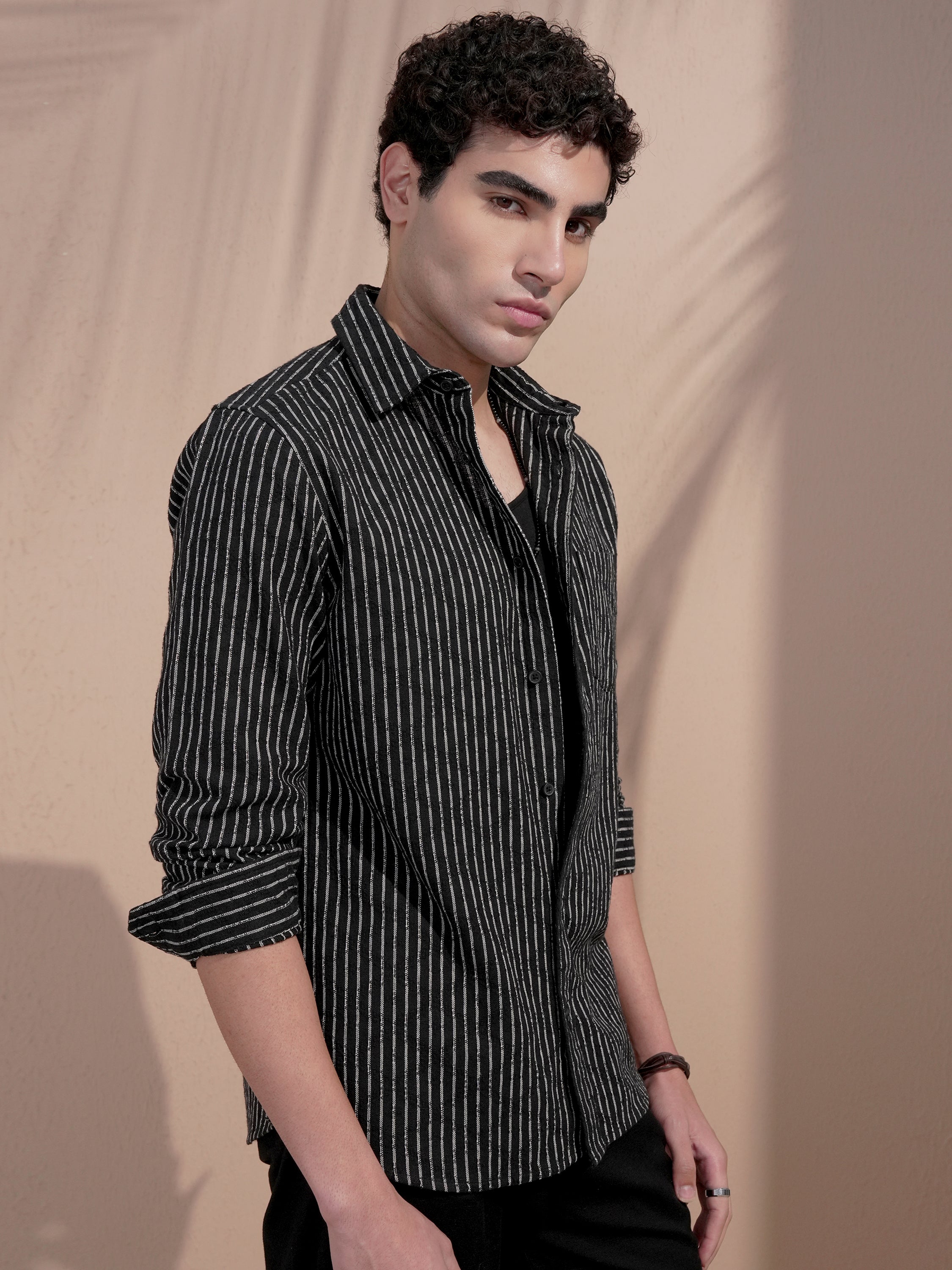 Locomotive Men Black Striped Slim Fit Casual Shirt - Black - Image 6