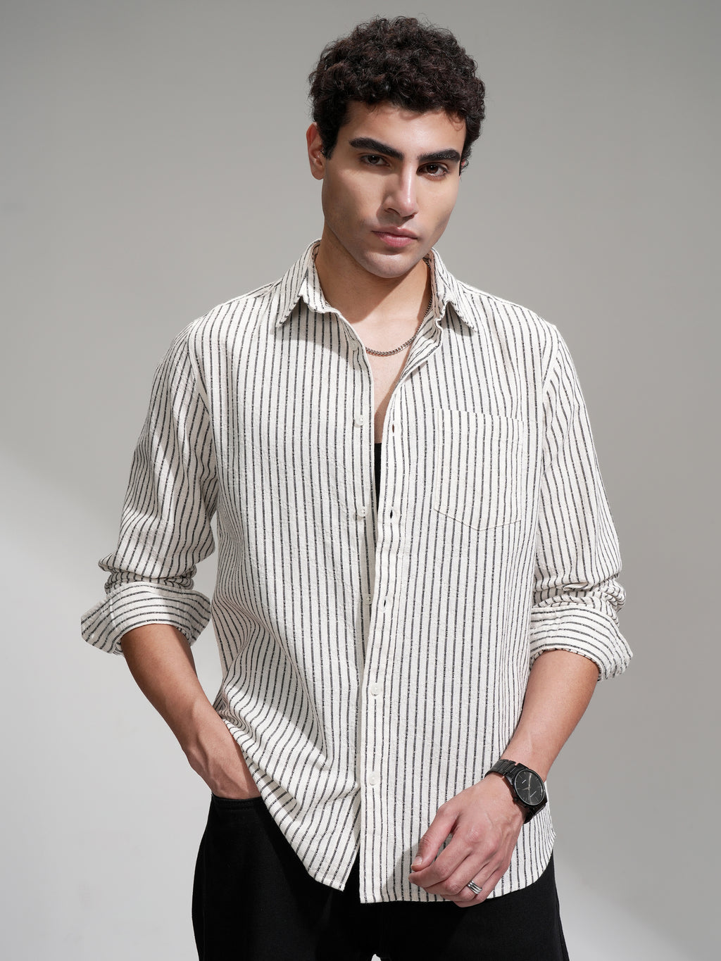 Locomotive Men Cream Striped Slim Fit Casual Shirt - Cream - Image 1